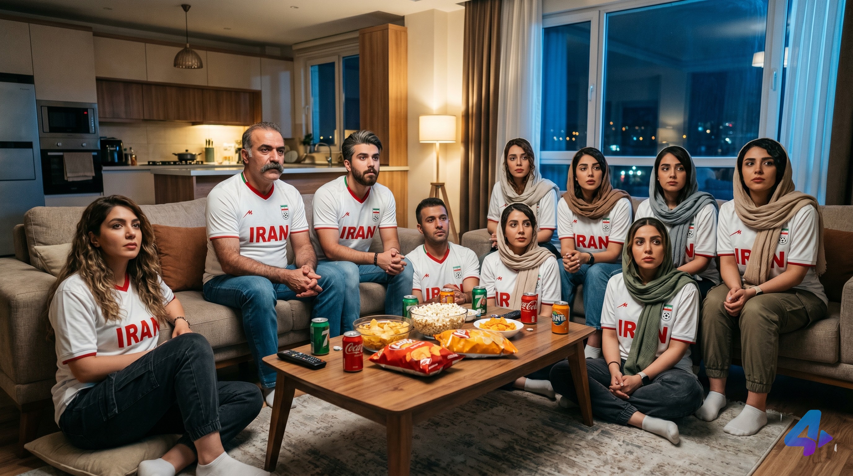 Ultra realistic cinematic football watch party inside a modern Iranian apartment at night. A large Iranian family gather
